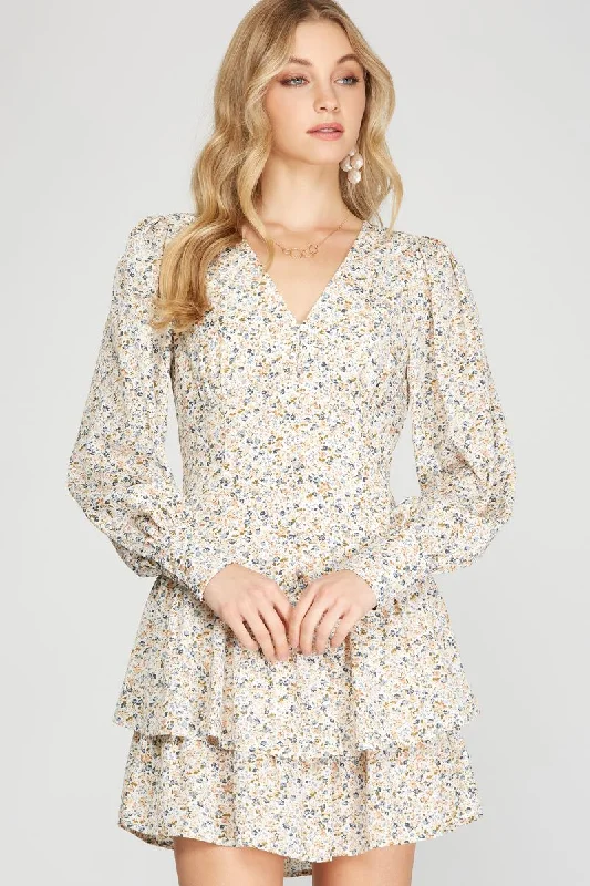 ROSE FLORAL PRINT BUTTON DOWN CUFF LONG SLEEVES MINI DRESS SS8703