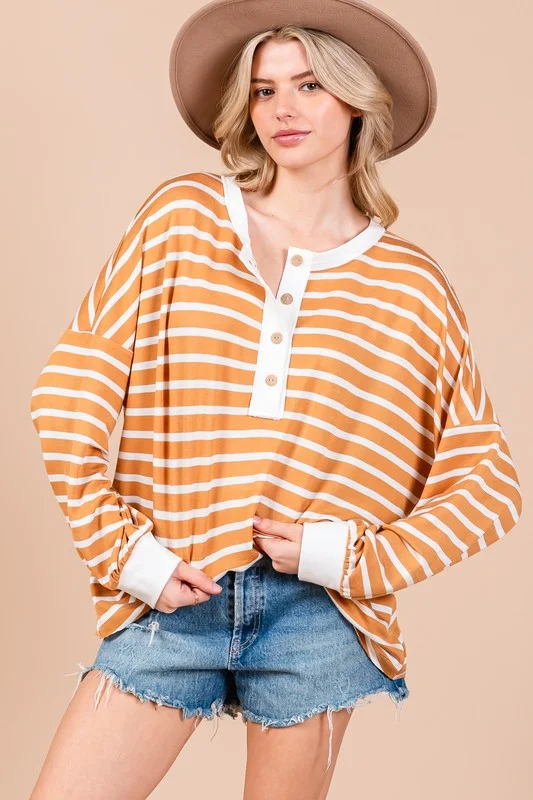 CAMEL/SAGE STRIPE BUTTON FRONT LONG SLEEVES KNIT TOP CFTY12924STA