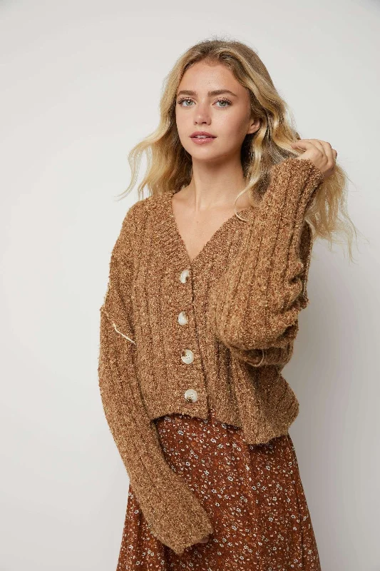 CAMEL V-NECK FUZZY BUTTON FRONT CROP CARDIGAN SW8278