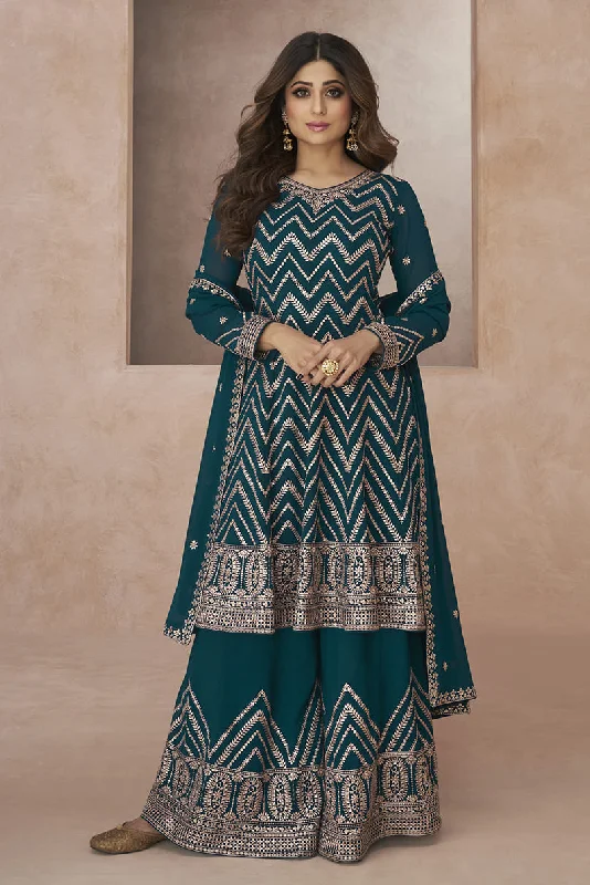 Women's Dark Aqua Blue Festival Wear Embroidered Salwar Kameez  - Monjolika