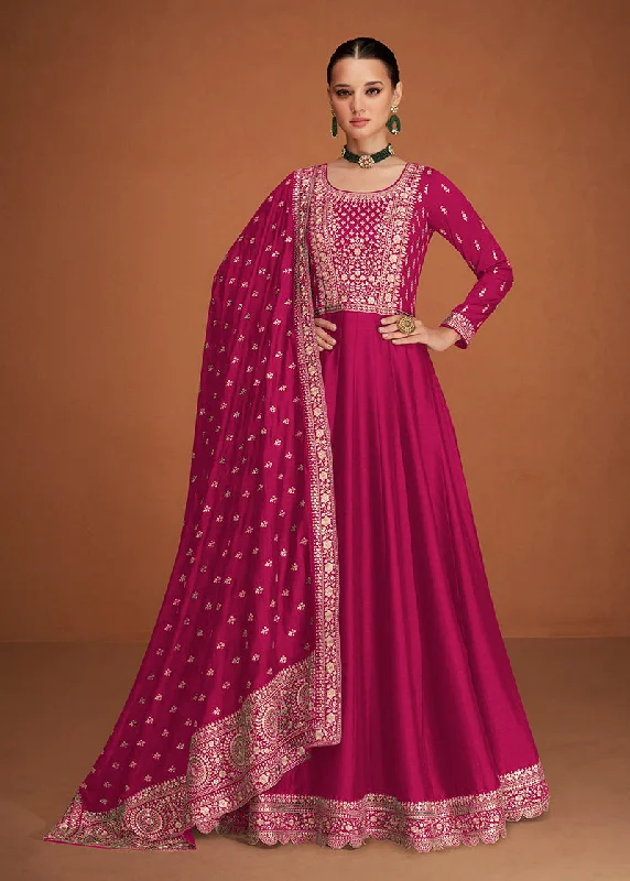 Women's Magenta Color Pure Silk Embroidered Stitched Anarkali Suit - Monjolika