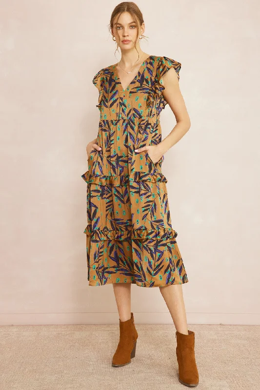 Ruffled Pocket Printed Dress, Camel