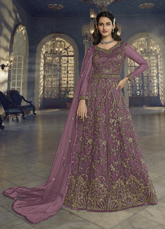 Women's Dark Mauve Soft Net Semi Stitched Embroidered Designer Suit - Monjolika