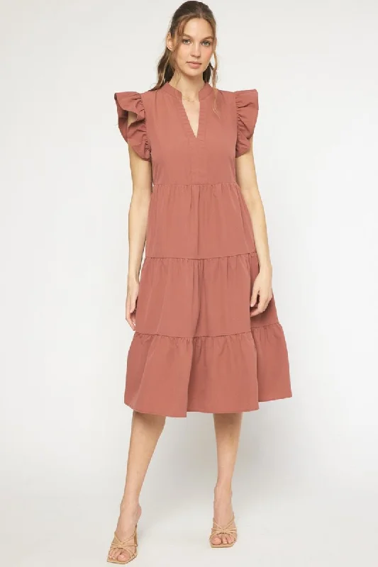 Ruffled Pocket Tiered Midi Dress, Cinnamon