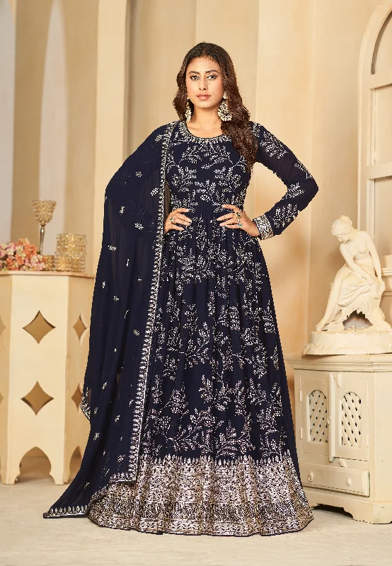 Women's Navy Blue Sequins Faux Georgette Designer Salwar Suit - Monjolika