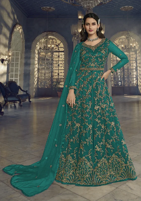 Women's Teal Green Soft Net Semi Stitched Embroidered Designer Suit - Monjolika