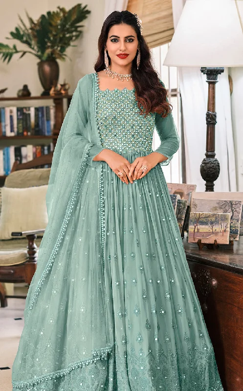 Women's Light Blue Georgette Embroidered Anarkali Salwar Suit  - Monjolika