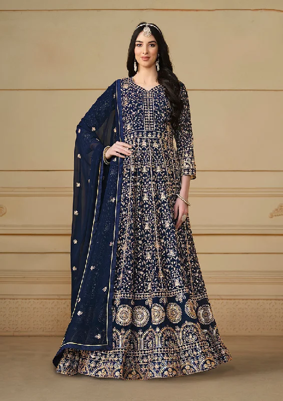 Women's Faux Georgette Embroidered Navy Blue Anarkali Salwar Suit - Monjolika