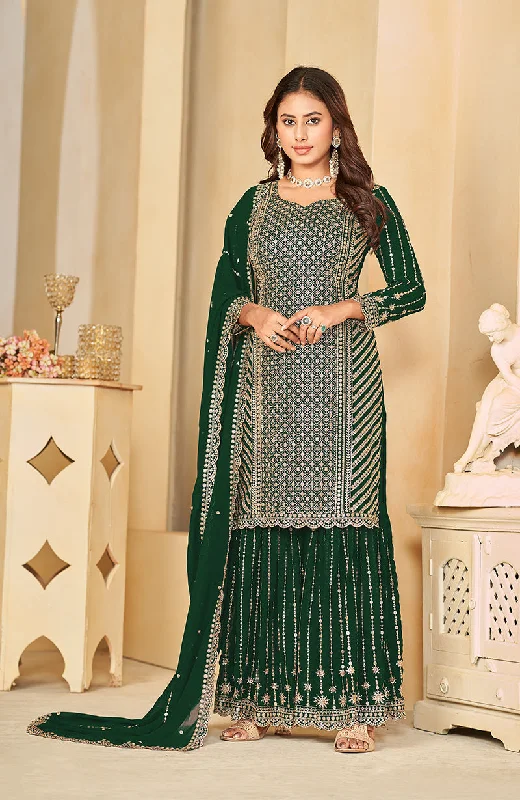 Women's Green Embroidered Faux Georgette Salwar Suit - Monjolika