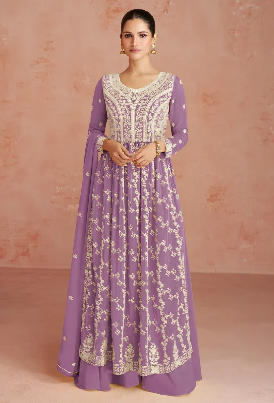 Women's Lavender Color Faux Georgette Embroidered Semi Stitched Palazzo Suit - Monjolika