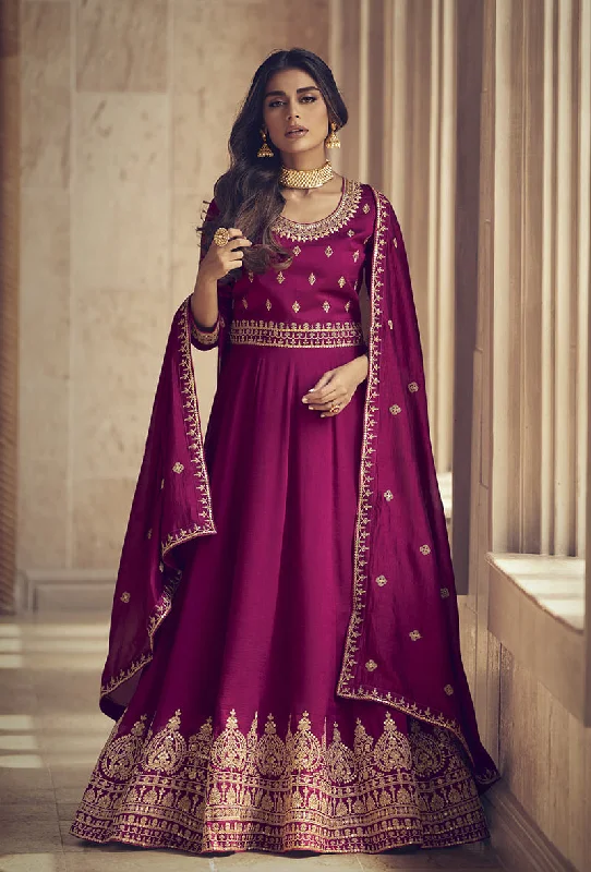 Women's Magenta Color Embroidered Silk Floor Length Anarkali - Monjolika