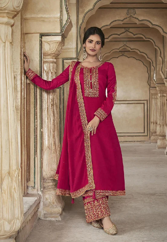 Women's Crimson Color Dola Silk Semi Stitched Embroidered Designer Suit - Monjolika