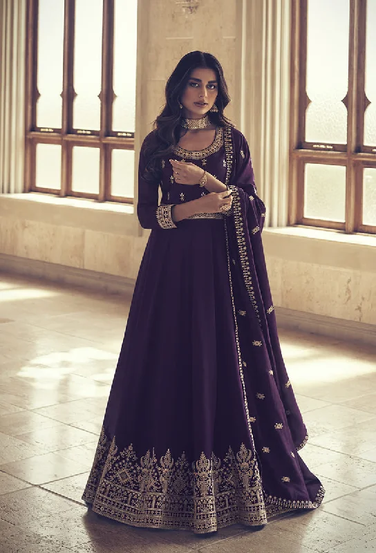 Women's Purple Color Embroidered Silk Floor Length Anarkali - Monjolika