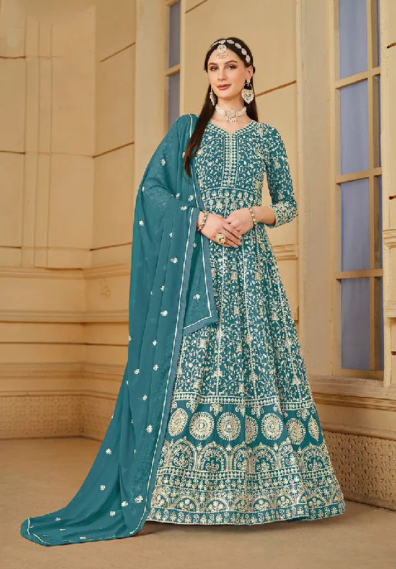 Women's Faux Georgette Teal Anarkali Salwar Kameez - Monjolika