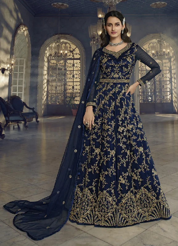 Women's Navy Blue Soft Net Semi Stitched Embroidered Designer Suit - Monjolika