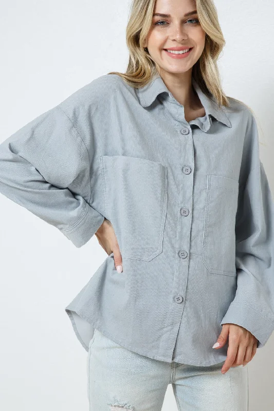 HEATHER GREY COTTON COLLARED PATCH POCKET SHIRT TOP T7649