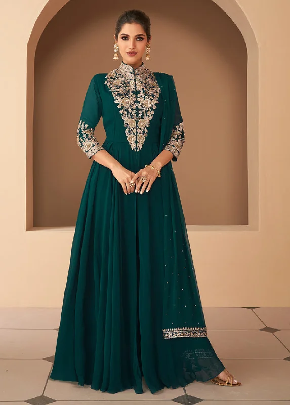 Women's Dark Green Georgette Semi Stitched Embroidered Designer Suit - Monjolika