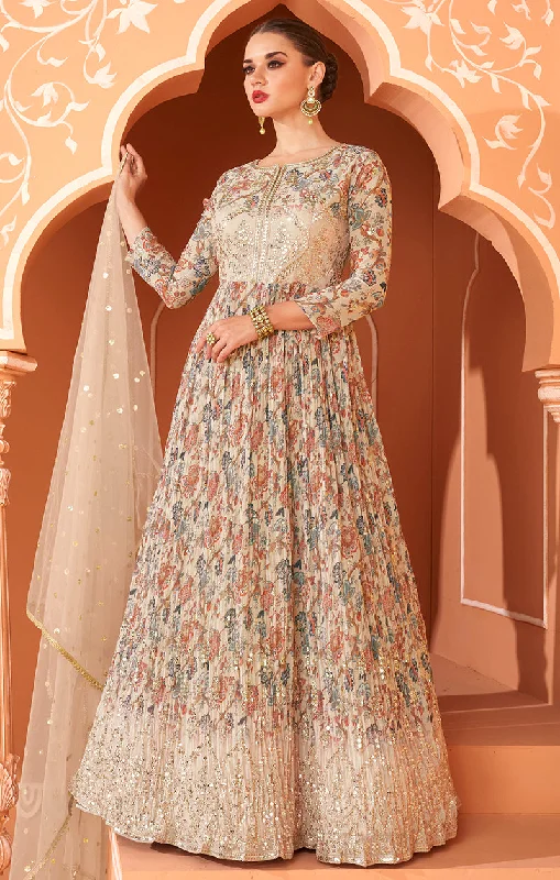 Women's Beige Color Printed Georgette Designer Partywear Suit - Monjolika