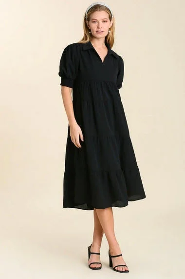 Tiered Cuffed Sleeve Dress, Black