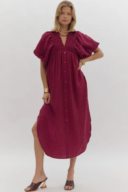 Textured Puff Sleeve Midi Dress, Plum