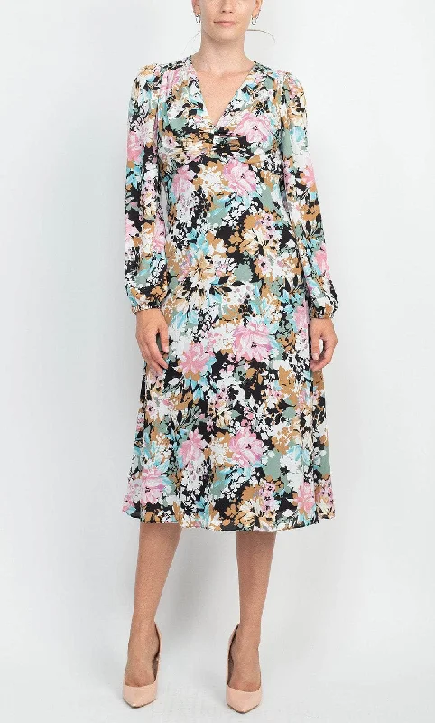 London Times T6080M - Printed Floral Empire Midi Dress