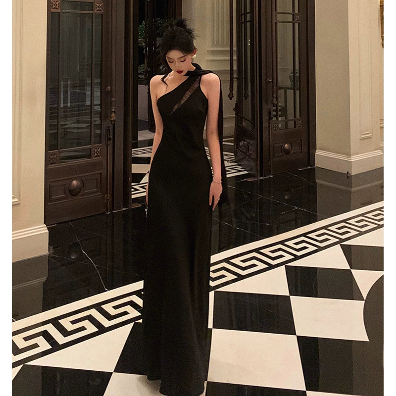 Black one-shoulder ribbon dress women evening party dress    S5508