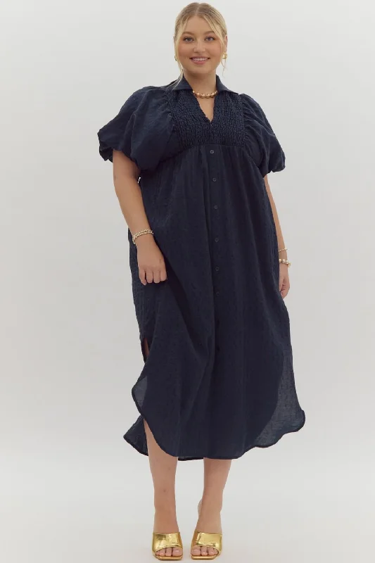 Textured Puff Sleeve Midi Dress, Navy