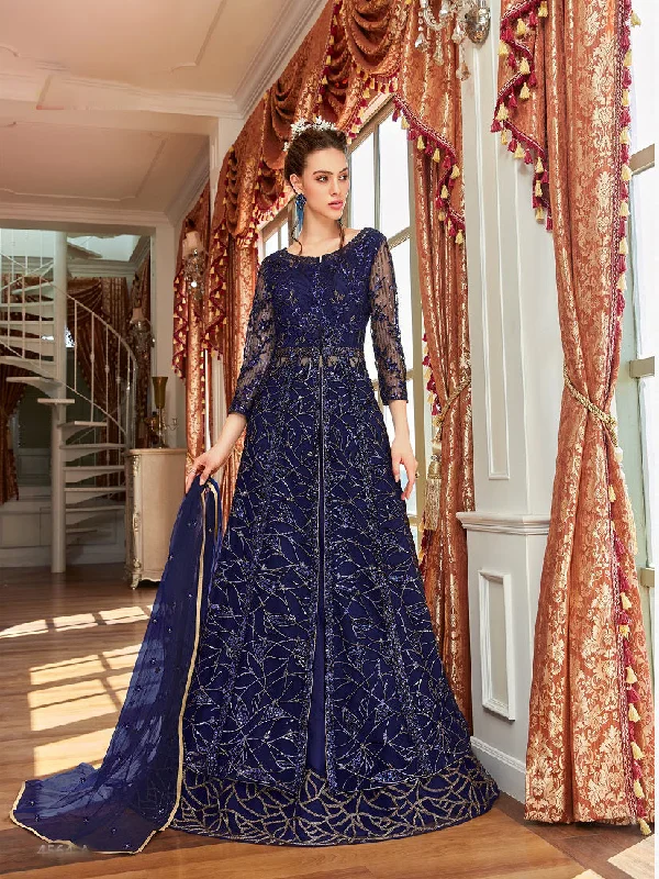 Women's Navy Blue Wedding Net Anarkali Salwar Kameez  - Monjolika