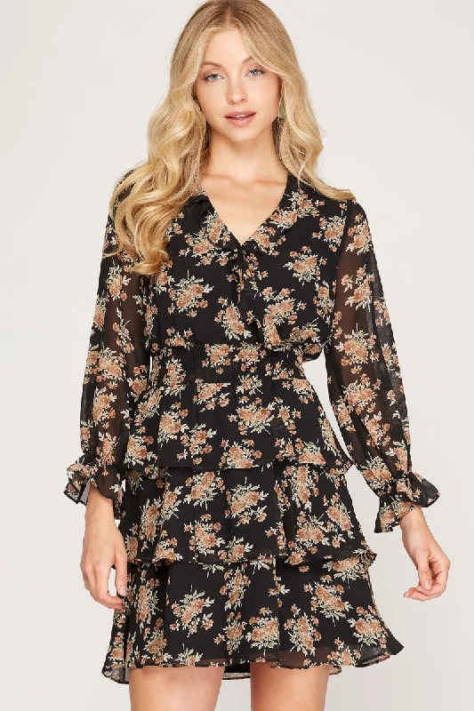 BLACK FLORAL PRINT SMOCKED TIERED LONG SLEEVES MINI DRESS SS7997