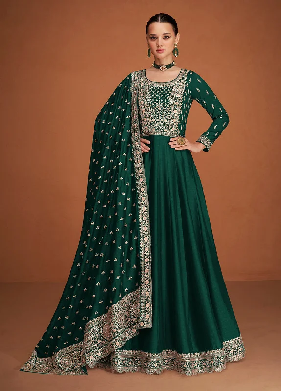 Women's Dark Green Color Pure Silk Embroidered Stitched Anarkali Suit - Monjolika