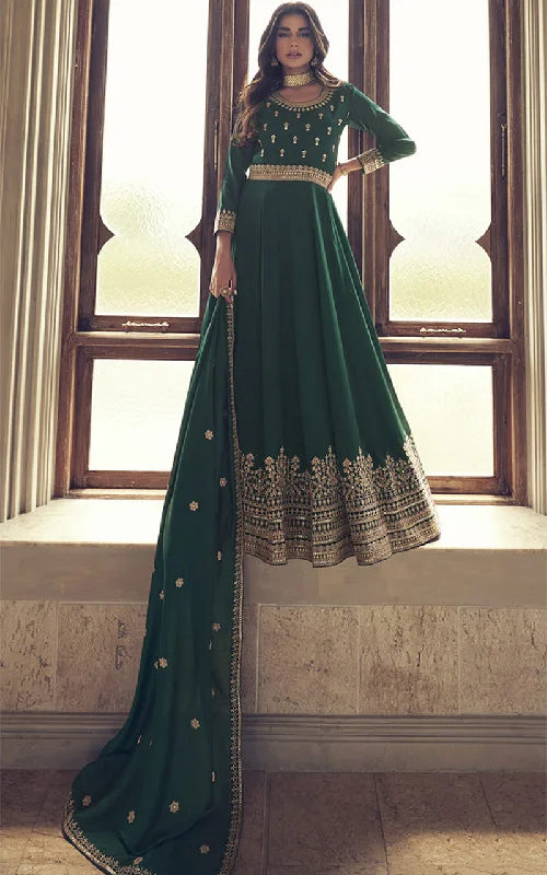 Women's Green Color Embroidered Silk Floor Length Anarkali - Monjolika