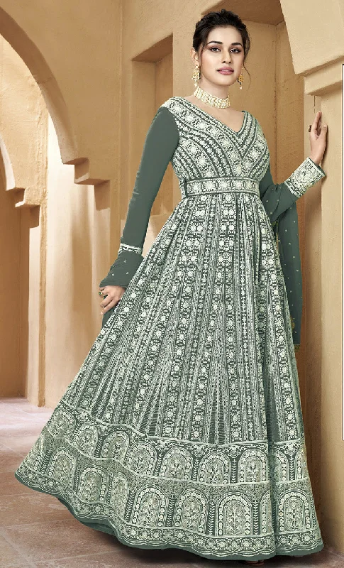 Women's Dark Olive Georgette Semi Stitched Embroidered Palazzo Suit - Monjolika