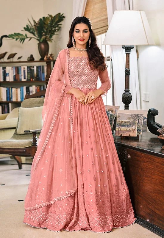 Women's Peach Georgette Embroidered Anarkali Salwar Suit  - Monjolika