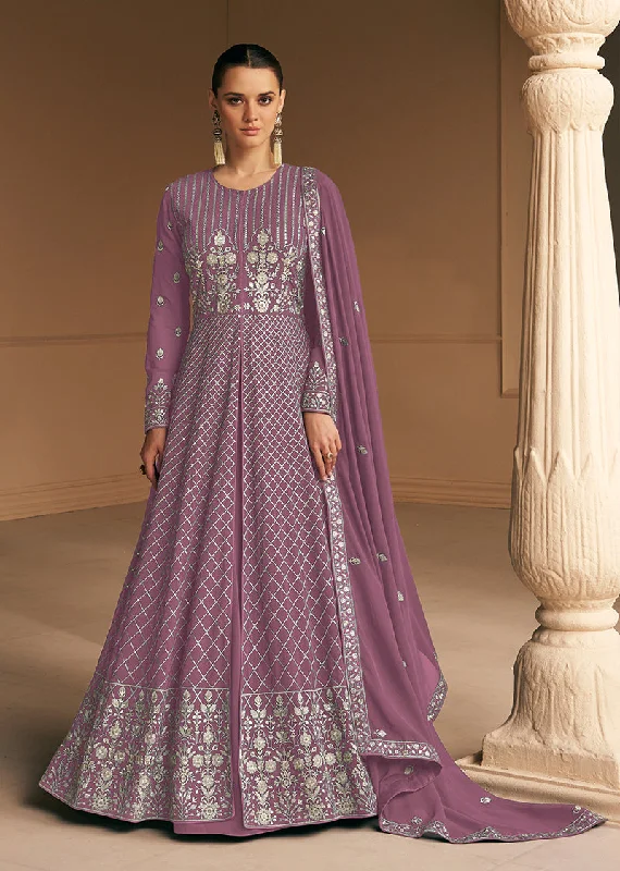 Women's Mauve Faux Georgette Semi Stitched Embroidered Anarkali Suit - Monjolika