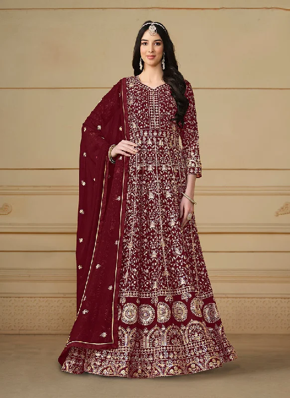 Women's Faux Georgette Embroidered Maroon Anarkali Salwar Suit - Monjolika