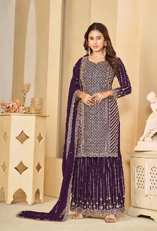 Women's Purple Embroidered Faux Georgette Salwar Suit - Monjolika