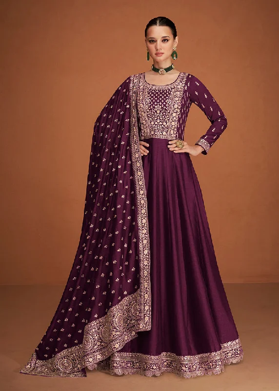 Women's Dark Wine Color Pure Silk Embroidered Stitched Anarkali Suit - Monjolika