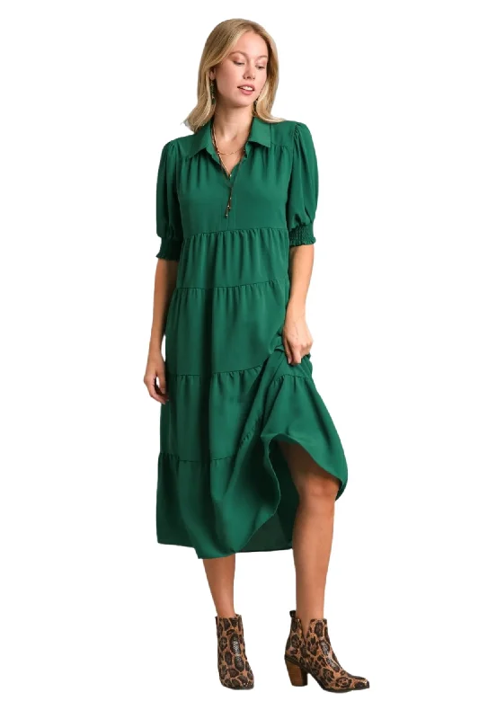 Tiered Cuffed Sleeve Dress, Green