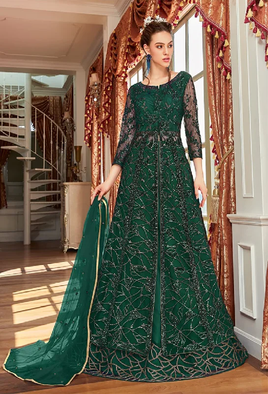 Women's Dark Green Wedding Net Anarkali Salwar Kameez  - Monjolika