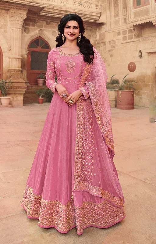 Women's Pink Embroidered Dola Silk Designer Salwar Kameez  - Monjolika