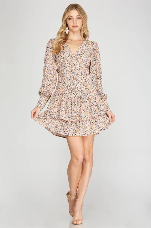 CREAM FLORAL PRINT BUTTON DOWN CUFF LONG SLEEVES MINI DRESS SS8703