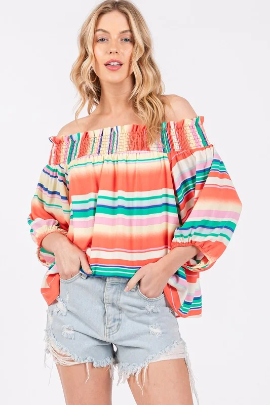 ORANGE STRIPED OFF SHOULDER SMOCKING TOP TU13624PB