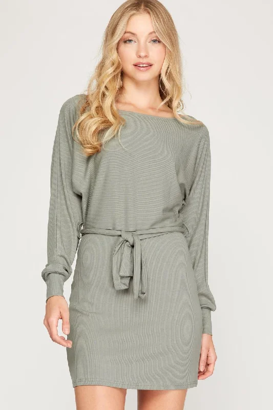 SLATE RIB KNIT DOLMAN LONG SLEEVES SASH WAIST MINI DRESS SS6213