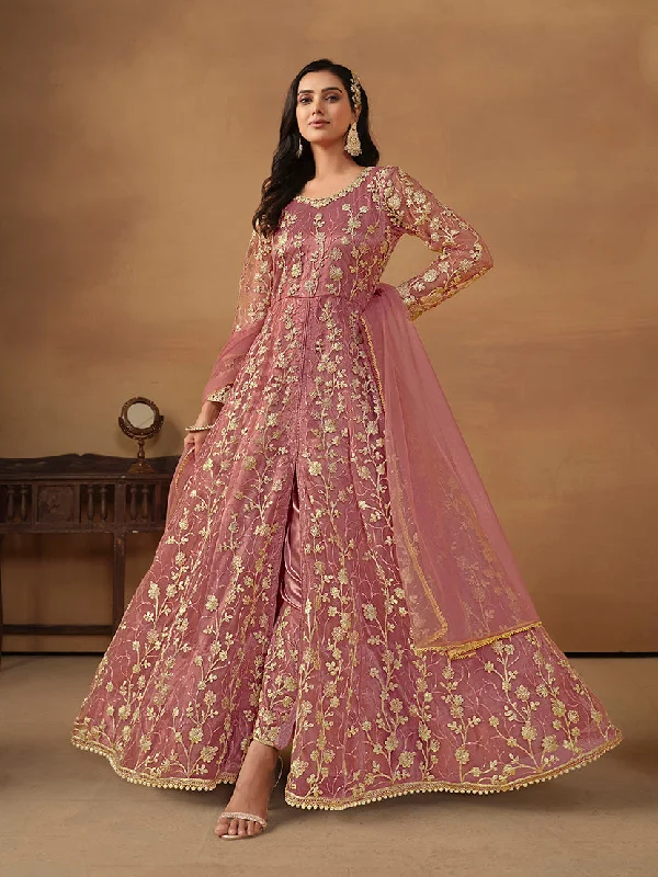 Women's Net Embroidered Pant Style Suit In Pink - Monjolika