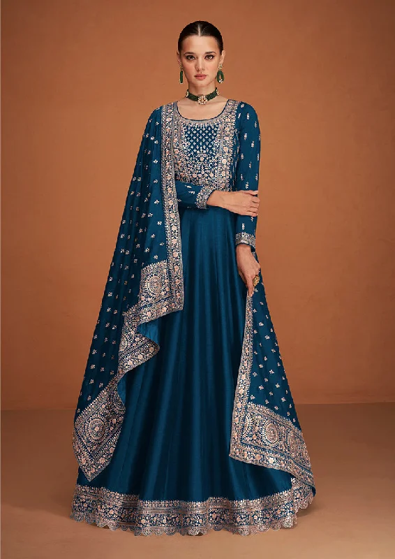 Women's Dark Blue Color Pure Silk Embroidered Stitched Anarkali Suit - Monjolika