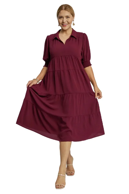 Tiered Cuffed Sleeve Dress, Plum