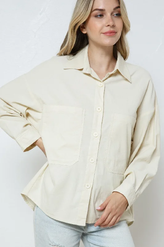 IVORY COTTON COLLARED PATCH POCKET SHIRT TOP T7649