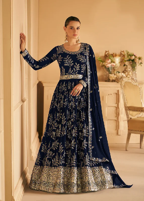 Women's Dark Navy Blue Color Georgette Embroidered Stitched Partywear Suit - Monjolika