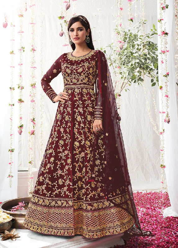 Women's Wine Soft Net Semi Stitched Embroidered Wedding Dress - Monjolika