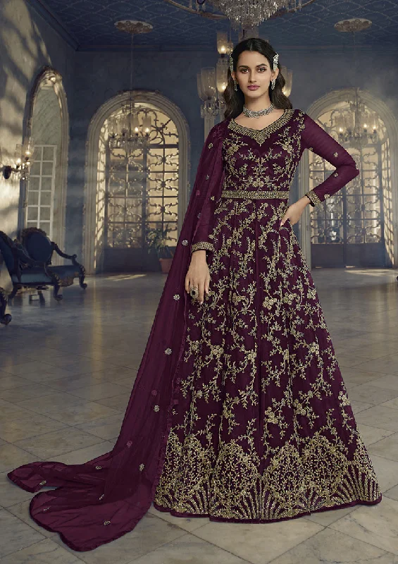 Women's Dark Wine Soft Net Semi Stitched Embroidered Designer Suit - Monjolika